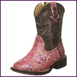 Girls Mid Calf Western Boots with Glitter Design and Side Zipper